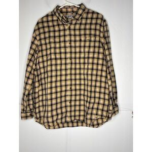 Carhartt Mens Relaxed Fit Plaid Flannel Button Down Shirt Tan Navy Large